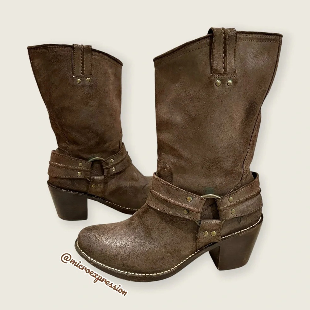 $379 Frye Carmen Harness Motorcycle Brown Leather Mid Calf Pull On Short Boot - Picture 4 of 13